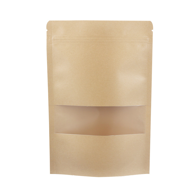 Food Brown Paper Bag With Clear Window Custom Kraft Zipper Stand Up Pouch Packaging Paper Bags